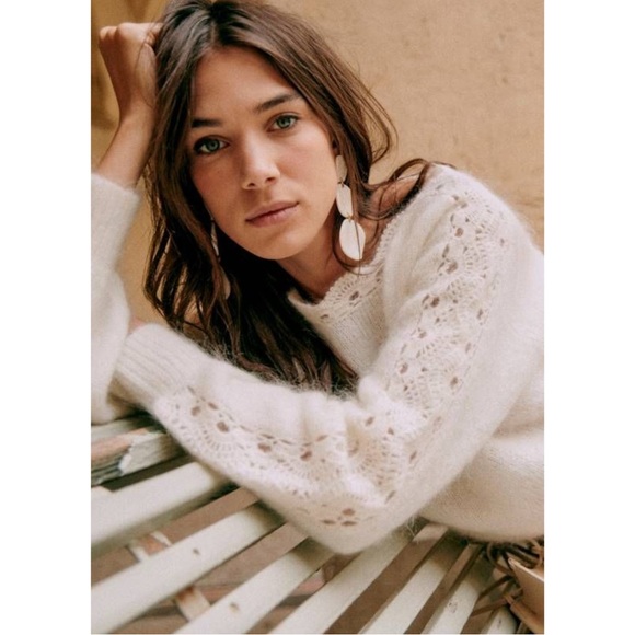 SEZANE Ecru Cream Mohair Wool Scalloped Lace Panel Balloon Sleeve Stacy Sweater - Picture 13 of 17